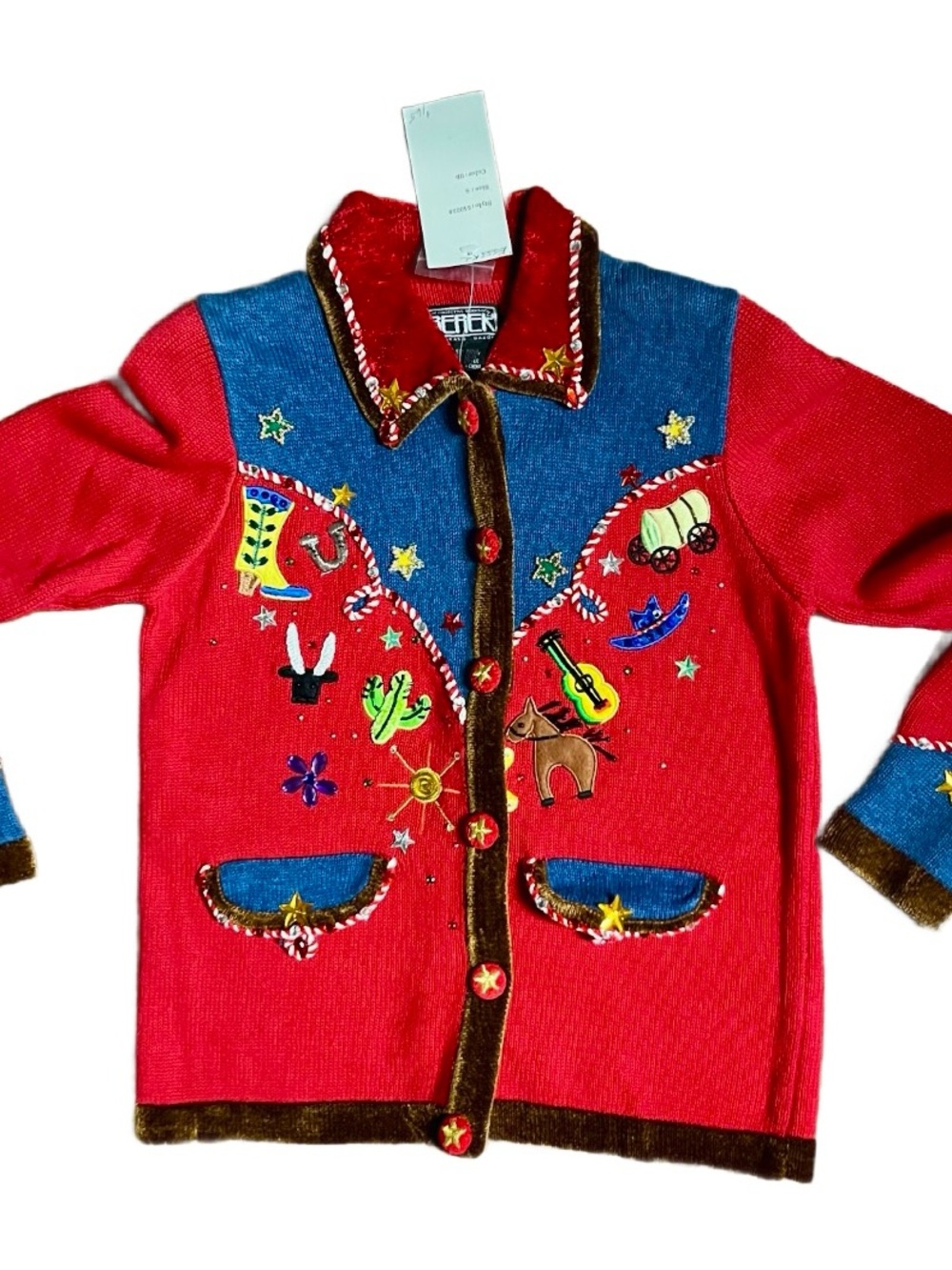 Berek ~ Small ~ Western ~ Red ~ Beaded  ~ Embroidery ~ Horse/ Hat/ Wagon Sweater